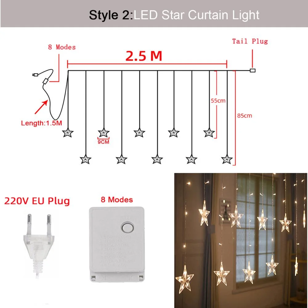LED Star Curtain Light Window String Fairy Lights for Christmas Wedding Decoration Lights for Home